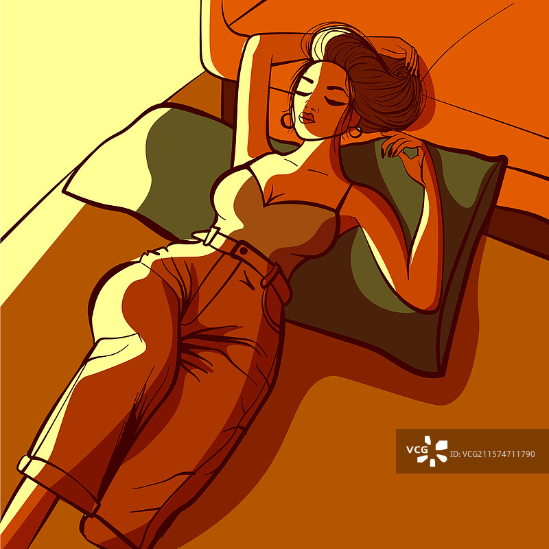 放松的女人在地板上靠着枕头睡觉图片素材