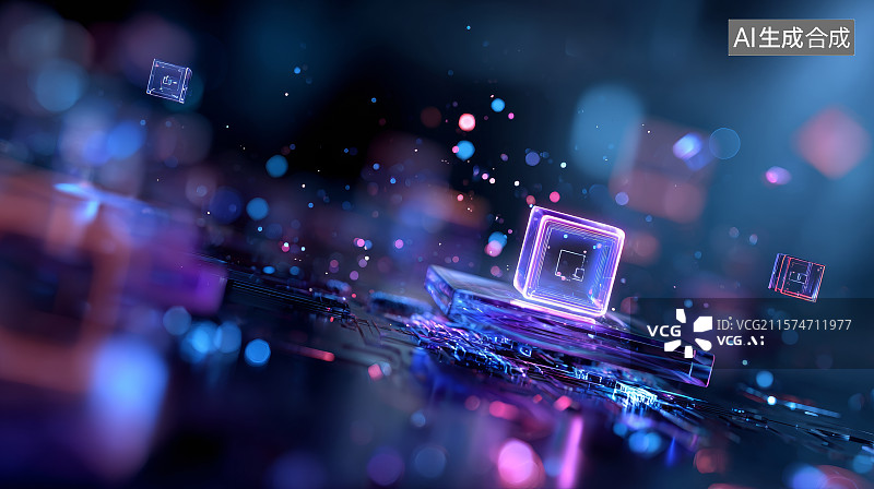 【AI数字艺术】方形芯片在虚拟信息流中运行发光图片素材
