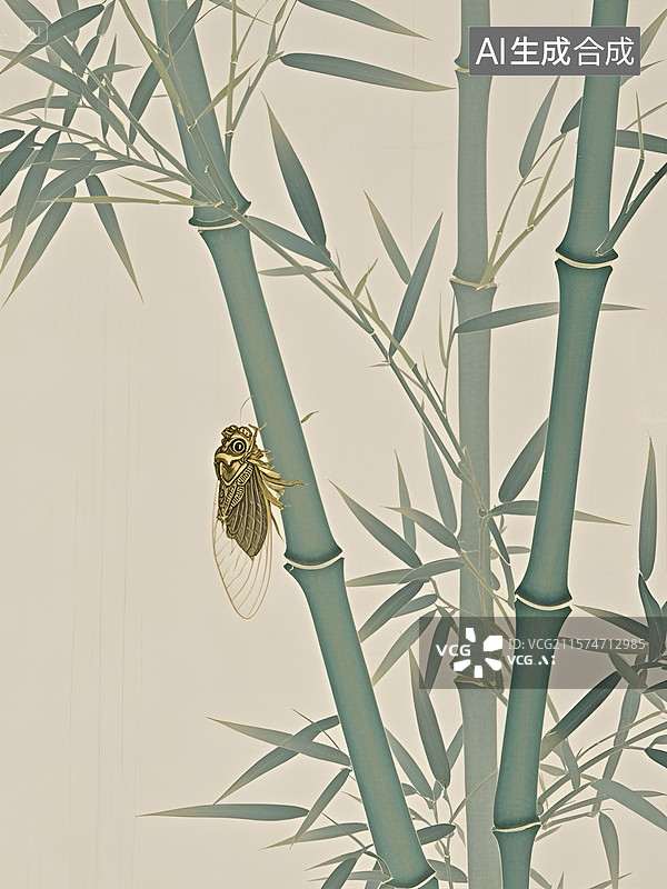 【AI数字艺术】栖息在竹枝上的蝉工笔画图片素材