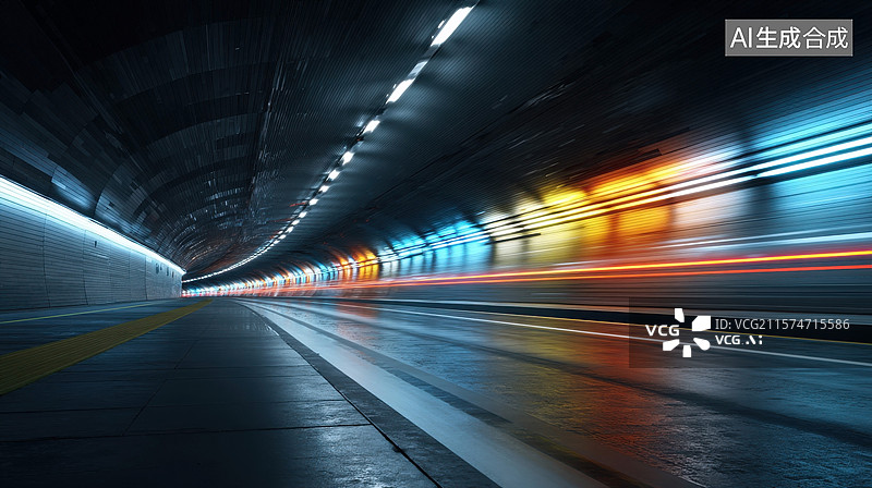 【AI数字艺术】有火车穿过的有彩色灯光的隧道图片素材