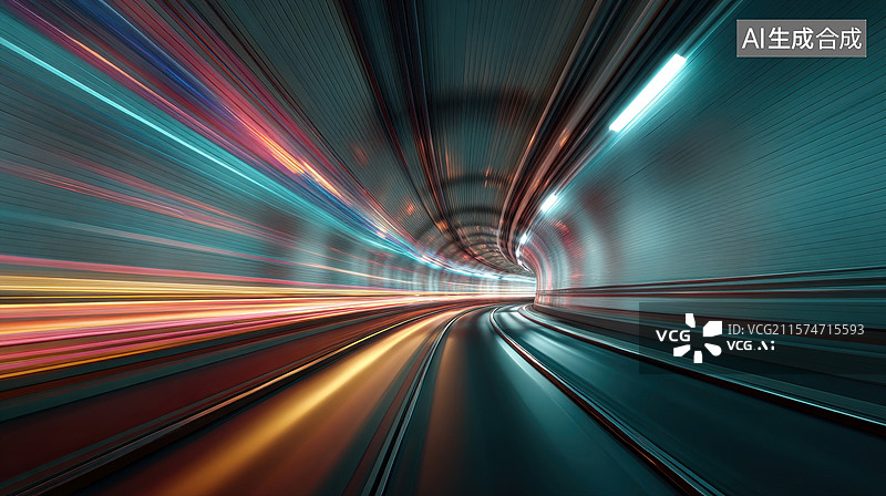 【AI数字艺术】有火车穿过的有彩色灯光的隧道图片素材