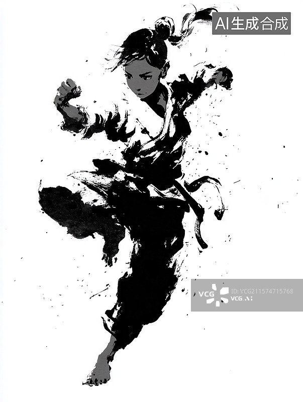 【AI数字艺术】身穿练功服的女子在打拳中国毛笔画图片素材