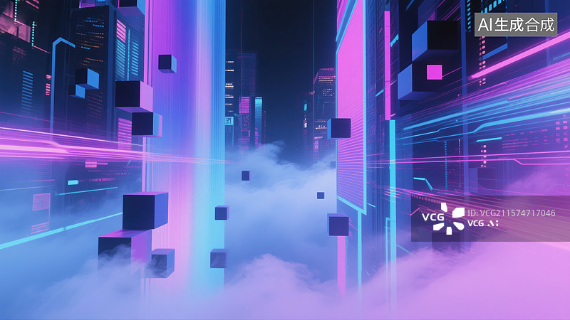 【AI数字艺术】赛博云域・霓虹立方幻夜城图片素材