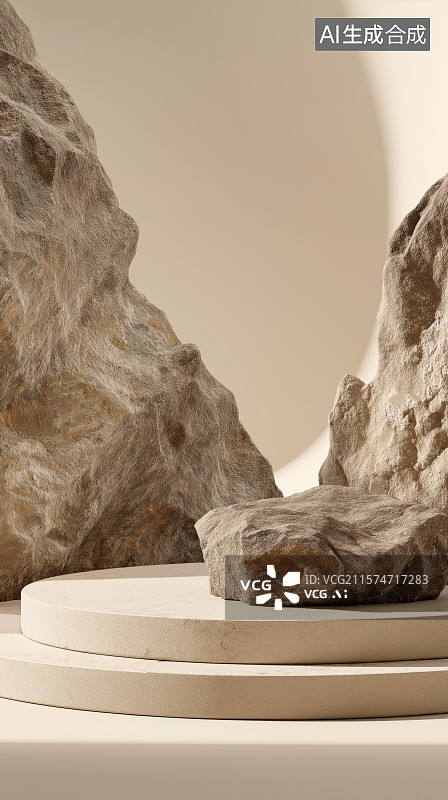 【AI数字艺术】电商产品展台——立体几何形状与天然矿物岩石装饰图片素材