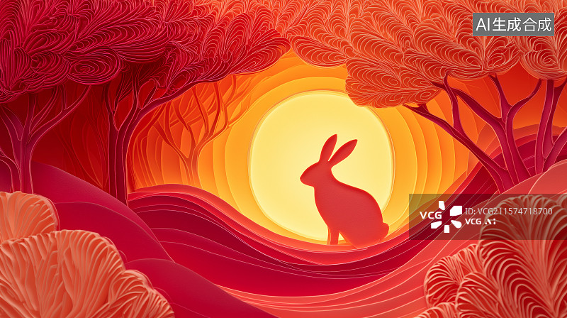 【AI数字艺术】中秋节主题海报——三维剪纸风格中国风，玉兔、月饼和满月图片素材