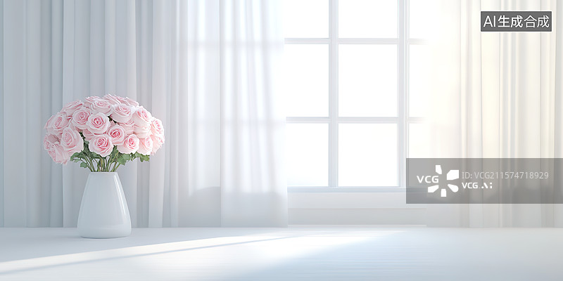【AI数字艺术】简约清新风格白色大厅室内窗边的一束粉色玫瑰花图片素材
