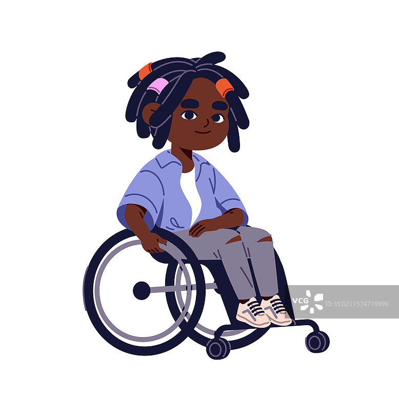 快乐的残疾儿童推着可爱的轮椅走动图片素材