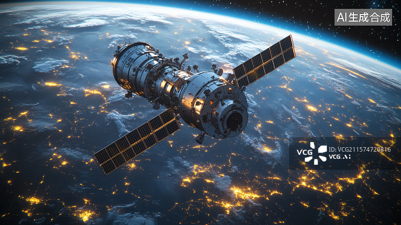 【AI数字艺术】太空视角的晚间地球，一颗人造卫星图片素材