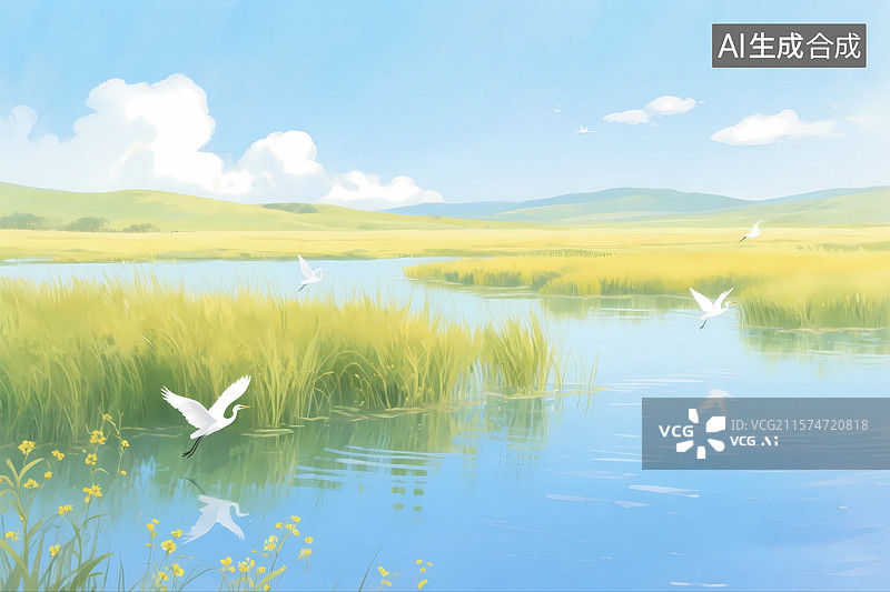 【AI数字艺术】湖边湿地诗经蒹葭白露节气插画背景图片素材