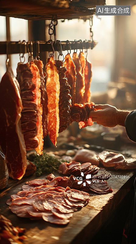 【AI数字艺术】摊铺上挂着的肉干图片素材