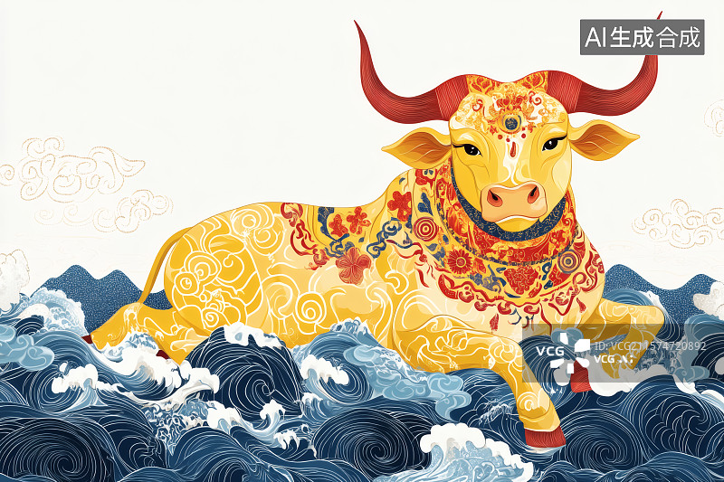 【AI数字艺术】海浪上，趴着一只悠闲的神牛图片素材