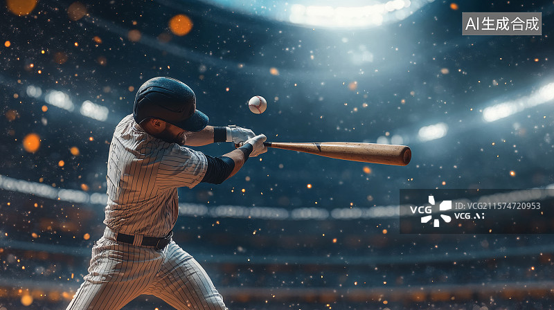 【AI数字艺术】体育场中的棒球运动员挥舞着棒球，击飞棒球图片素材