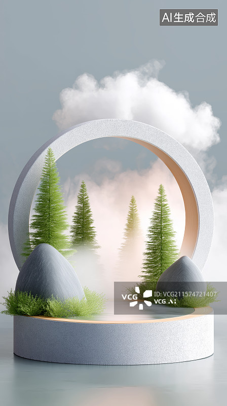 【AI数字艺术】清新森林背景产品展台图片素材