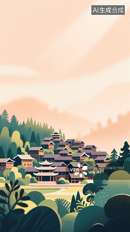 【AI数字艺术】山寨村落风景插画图片素材