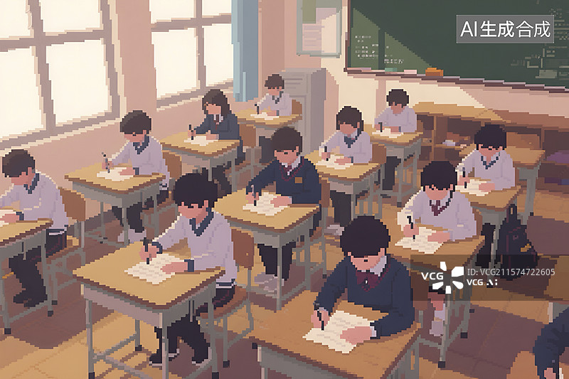 【AI数字艺术】教室里学生们伏案学习场景图片素材