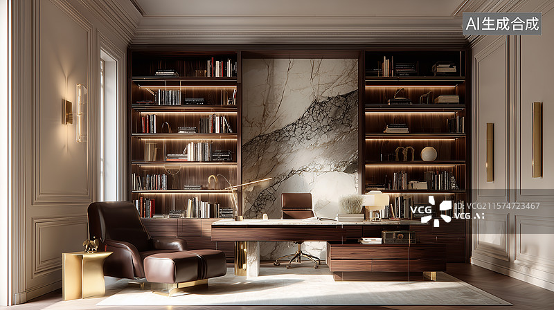 【AI数字艺术】极简奢华书房设计图片素材