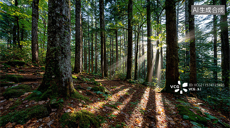 【AI数字艺术】阳光穿透森林图片素材