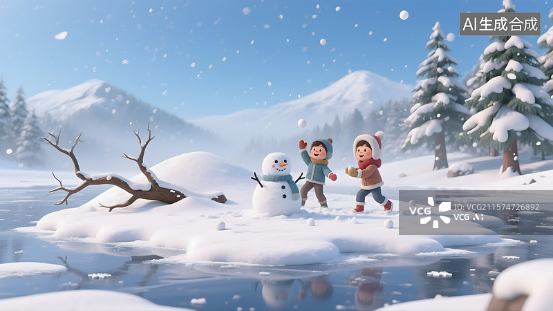 【AI数字艺术】冬日雪景中的快乐童年立冬图片素材