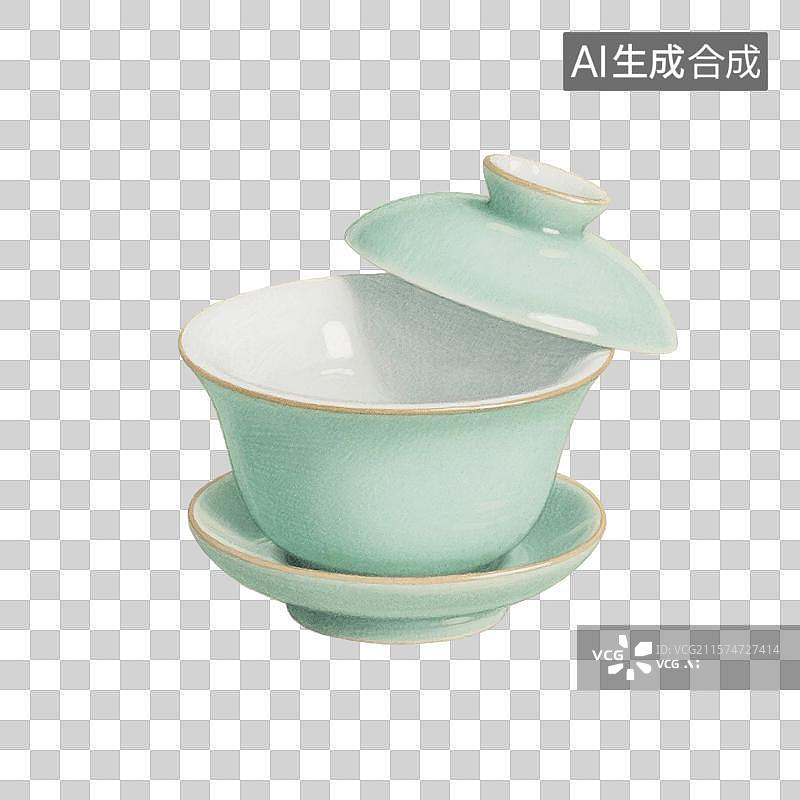 【AI数字艺术】国风手绘插画，盖碗茶，一个打开的盖碗，茶盏，茶杯茶具，瓷器，茶道，茶文化，喝茶饮茶免抠元素图片素材