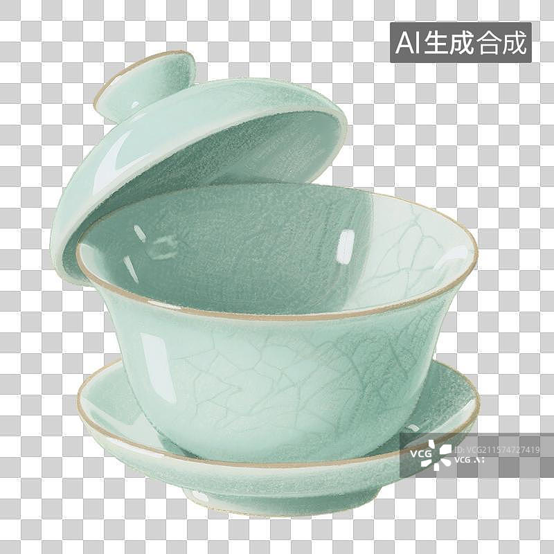 【AI数字艺术】国风手绘插画，盖碗茶，一个打开的盖碗，茶盏，茶杯茶具，瓷器，茶道，茶文化，喝茶饮茶免抠元素图片素材