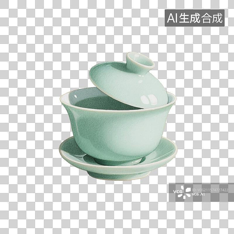 【AI数字艺术】国风手绘插画，盖碗茶，一个打开的盖碗，茶盏，茶杯茶具，瓷器，茶道，茶文化，喝茶饮茶免抠元素图片素材