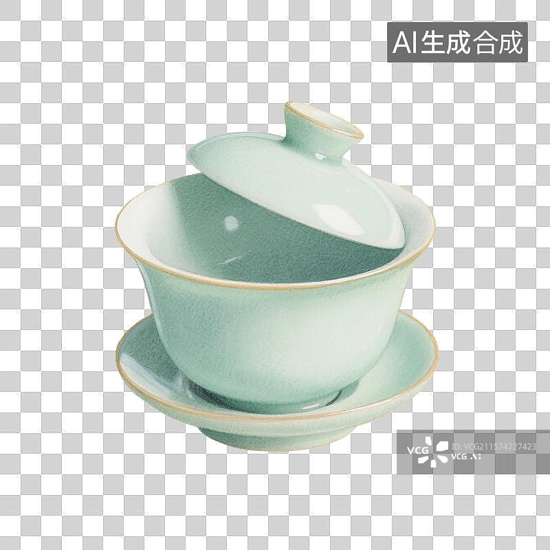 【AI数字艺术】国风手绘插画，盖碗茶，一个打开的盖碗，茶盏，茶杯茶具，瓷器，茶道，茶文化，喝茶饮茶免抠元素图片素材