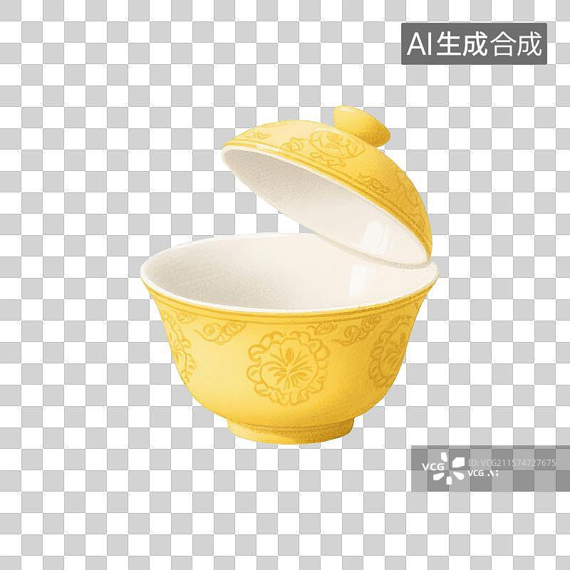 【AI数字艺术】国风手绘插画，盖碗茶，一个打开的盖碗，茶盏，茶杯茶具，瓷器，茶道，茶文化，喝茶饮茶免抠元素图片素材
