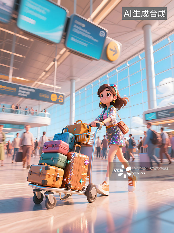 【AI数字艺术】3D卡通女孩机场电商场景图片素材