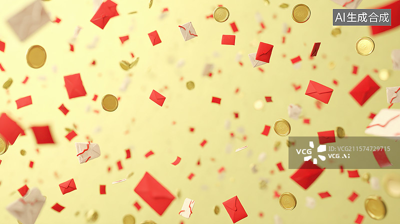 【AI数字艺术】红色信封与金币飘落的节日场景图片素材