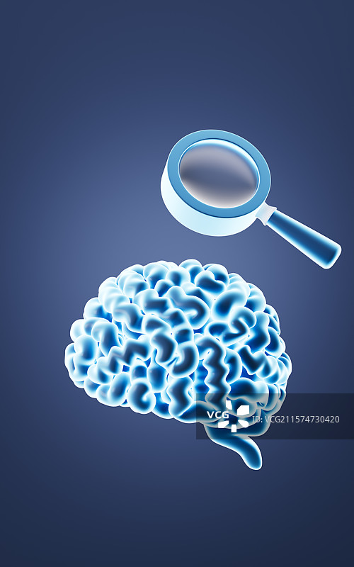 卡通人类大脑和放大镜学习研究概念3D渲染图片素材
