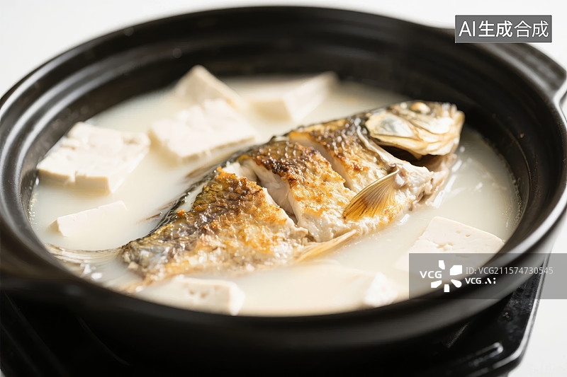 【AI数字艺术】鱼汤炖豆腐，热气腾腾的美味佳肴图片素材