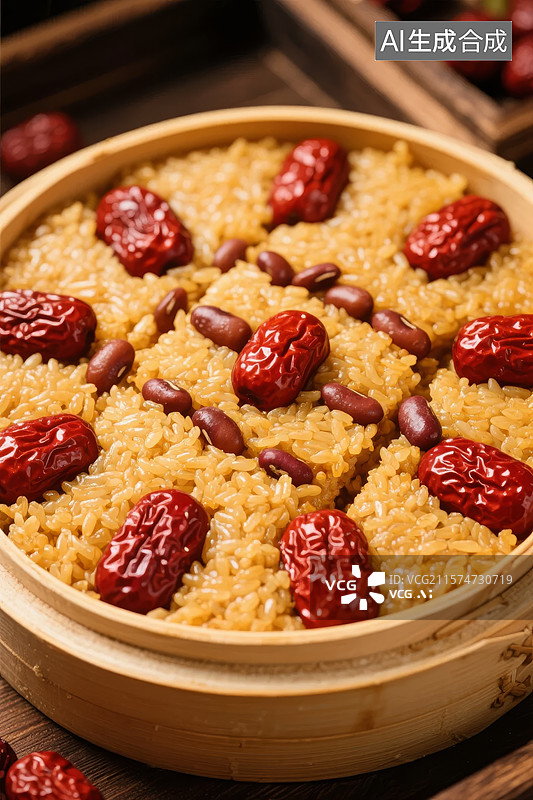 【AI数字艺术】蒸笼中的红枣糯米饭图片素材