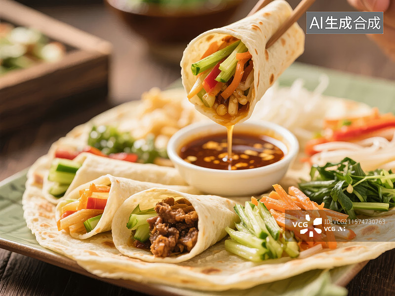 【AI数字艺术】春卷蘸酱，美味越南料理图片素材