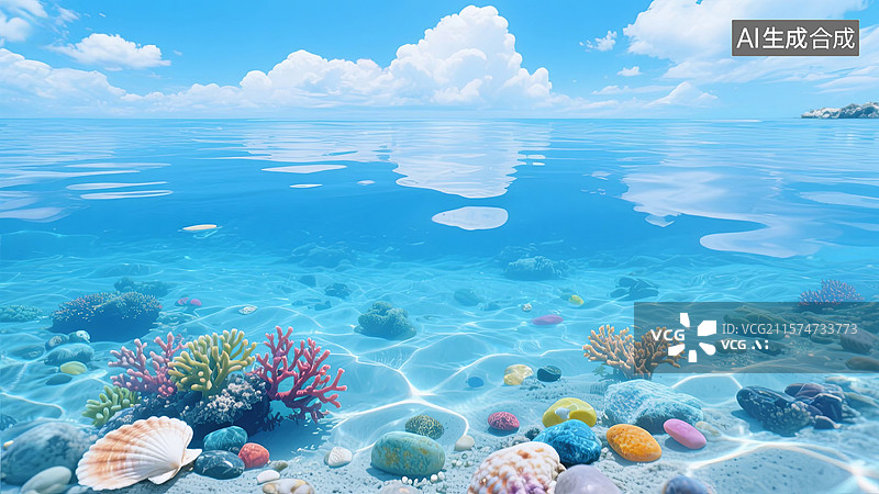 【AI数字艺术】蓝天白云清澈海水中的珊瑚贝壳鹅卵石图片素材
