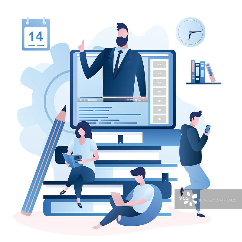 一堆书籍和带视频的平板电脑图片素材