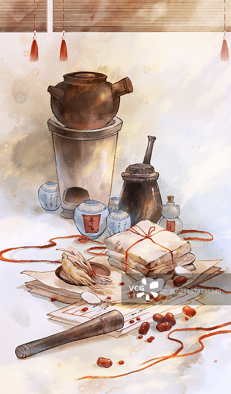 药包药罐中医药材行医—国画古风水墨国风静物图片素材