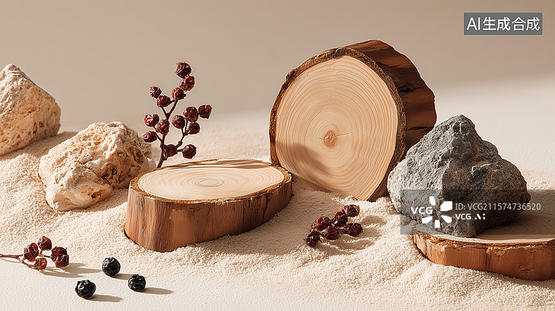 【AI数字艺术】沙色表面上的静物组合：简约自然元素之美图片素材