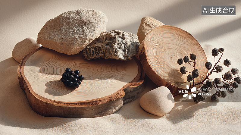 【AI数字艺术】沙色表面上的静物组合：简约自然元素之美图片素材