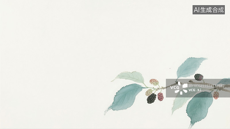 【AI数字艺术】水墨画桑葚果和桑树枝背景居右图片素材