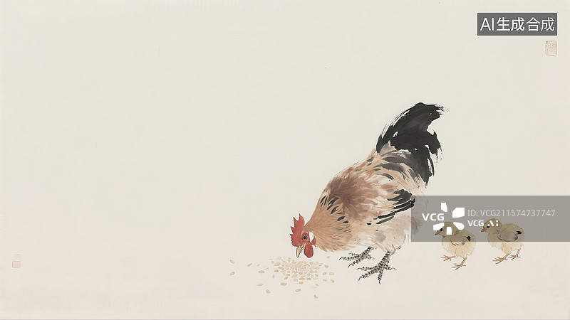 【AI数字艺术】水墨画一只母鸡和小鸡在吃粮食背景居右图片素材