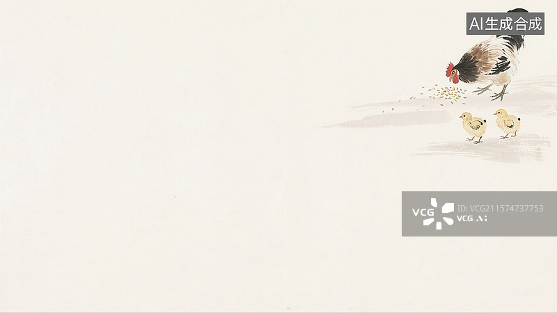 【AI数字艺术】水墨画一只母鸡和小鸡在吃粮食背景右上图片素材
