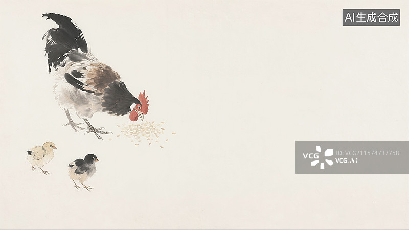 【AI数字艺术】水墨画一只母鸡和小鸡在吃粮食背景居左图片素材