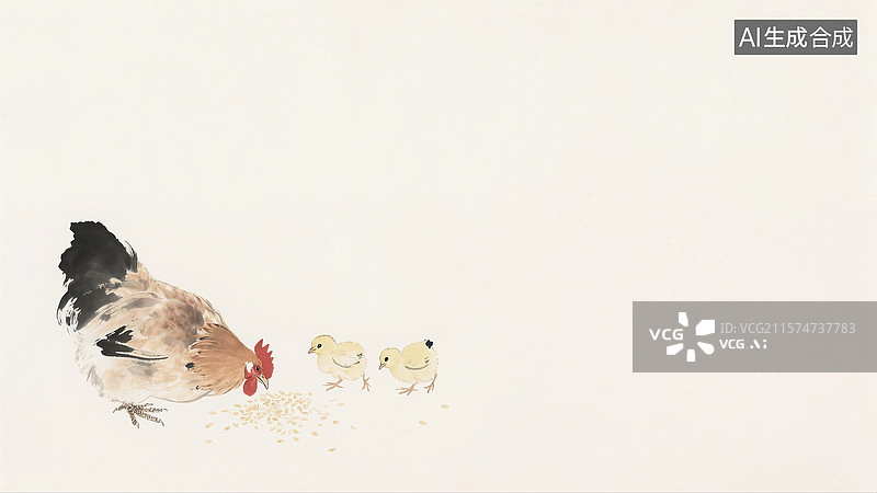 【AI数字艺术】水墨画一只母鸡和小鸡在吃粮食背景居左图片素材