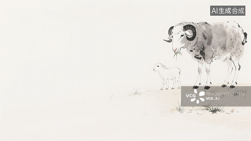 【AI数字艺术】水墨画羊吃草背景居右图片素材