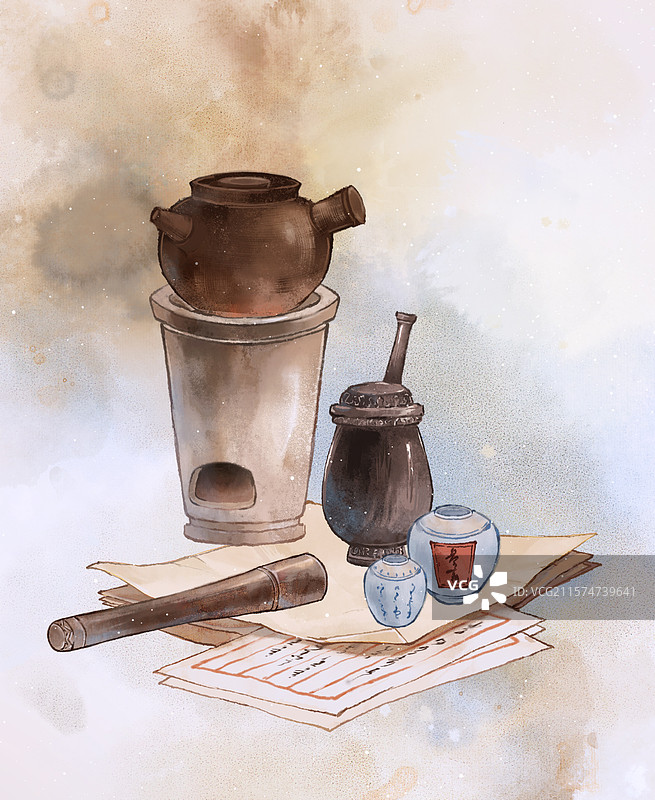 药包药罐中医药材行医—国画古风水墨国风静物图片素材