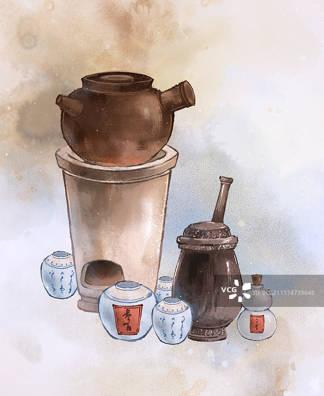 药包药罐中医药材行医—国画古风水墨国风静物图片素材