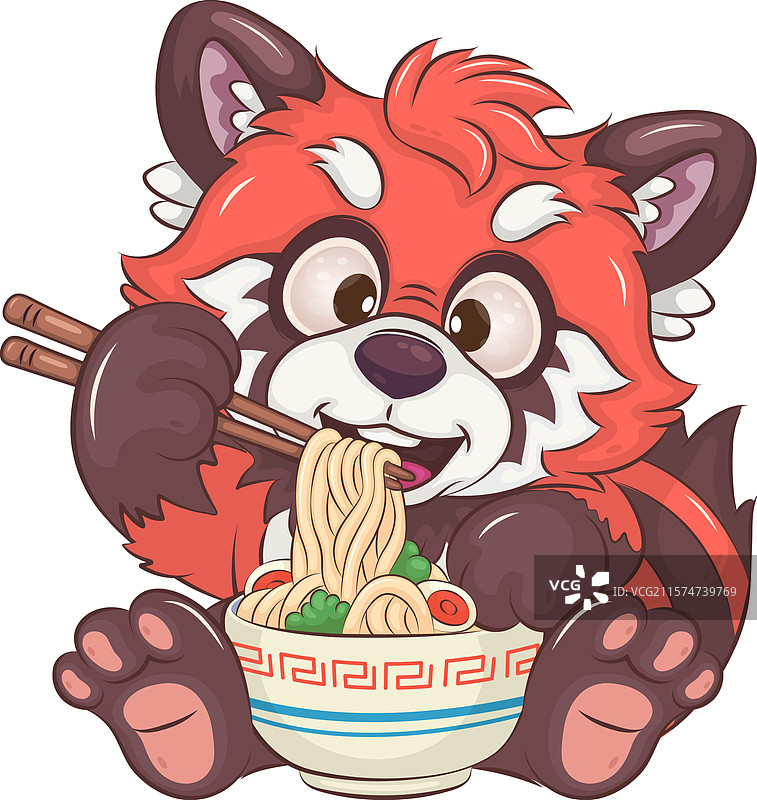 可爱的卡通红熊猫在吃面条图片素材