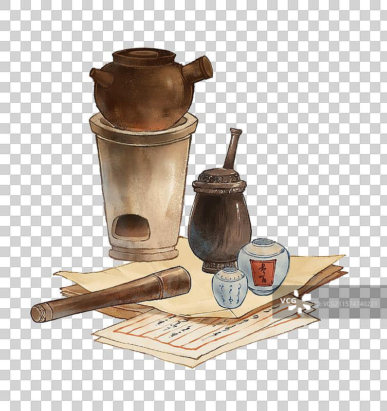 药包药罐中医中药药材静物—国画古风水墨国风元素图片素材