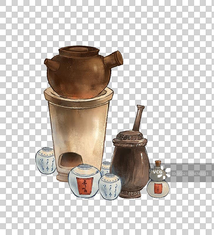 药包药罐中医中药药材静物—国画古风水墨国风元素图片素材