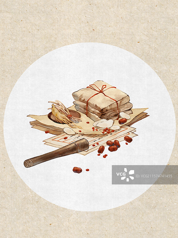药包药罐中医药材行医—国画古风水墨国风静物插画图片素材